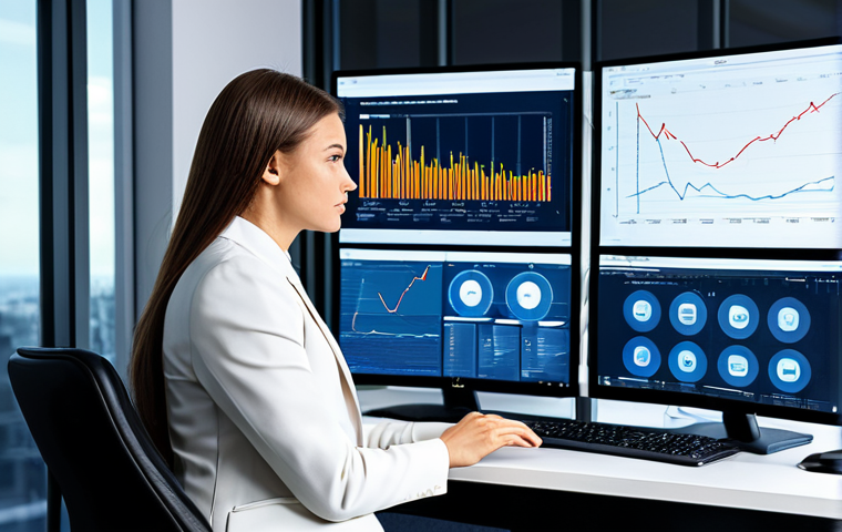 A professional businesswoman, fully clothed in a modest business suit, seated at a high-tech desk in a modern office. She is focused on multiple large computer screens displaying complex social media analytics, detailed sentiment graphs, and intricate data streams representing AI processing information. The environment is clean, bright, and futuristic, emphasizing data-driven insights and strategic decision-making. The image should convey professionalism and intellectual depth. safe for work, appropriate content, fully clothed, professional dress, perfect anatomy, correct proportions, natural pose, well-formed hands, proper finger count, natural body proportions, professional photography, high quality.