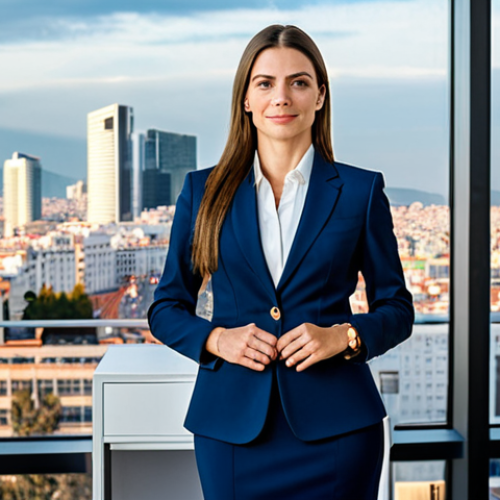 **

"A confident businesswoman in a stylish, fully clothed power suit, standing in a modern office overlooking the Madrid skyline, appropriate attire, safe for work, perfect anatomy, natural pose, professional photography, high quality, family-friendly."

**