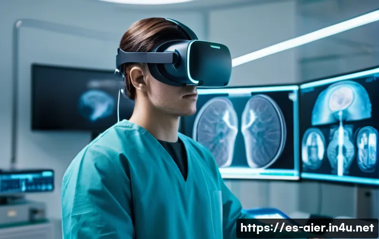 AI와 가상현실의 융합 사례 - **Immersive Medical Training Simulation:** A focused, high-fidelity image of a medical student, aged...