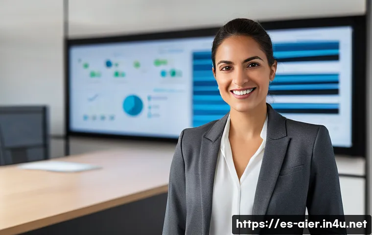 AI 기술의 산업별 활용 사례 - **AI in a Dynamic Spanish Small Business Office:** A confident, smiling Hispanic female entrepreneur...