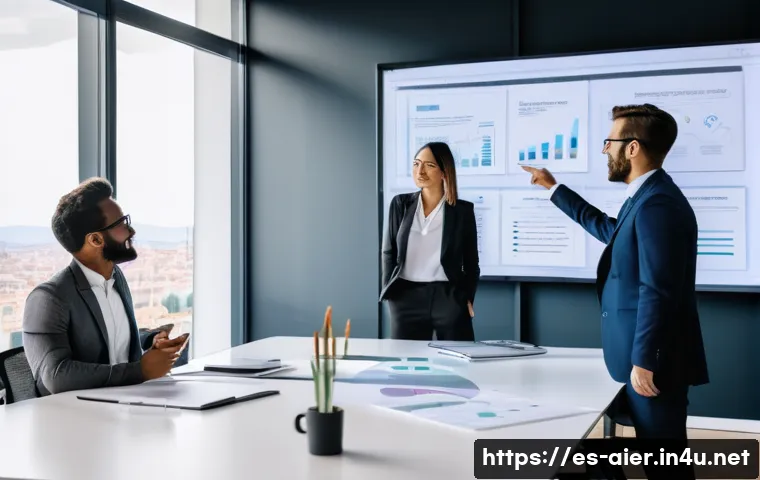 AI 전문가를 위한 리더십 교육 - A diverse group of professional AI leaders collaborating in a modern, bright office space in Spain, ...