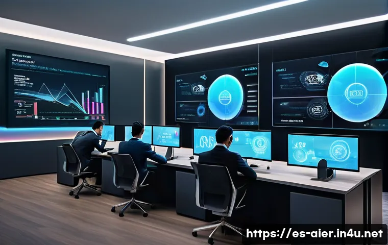 AI 전문가의 글로벌 트렌드 분석 노하우 - A futuristic financial office scene in Mexico City with diverse professionals using AI-powered holog...