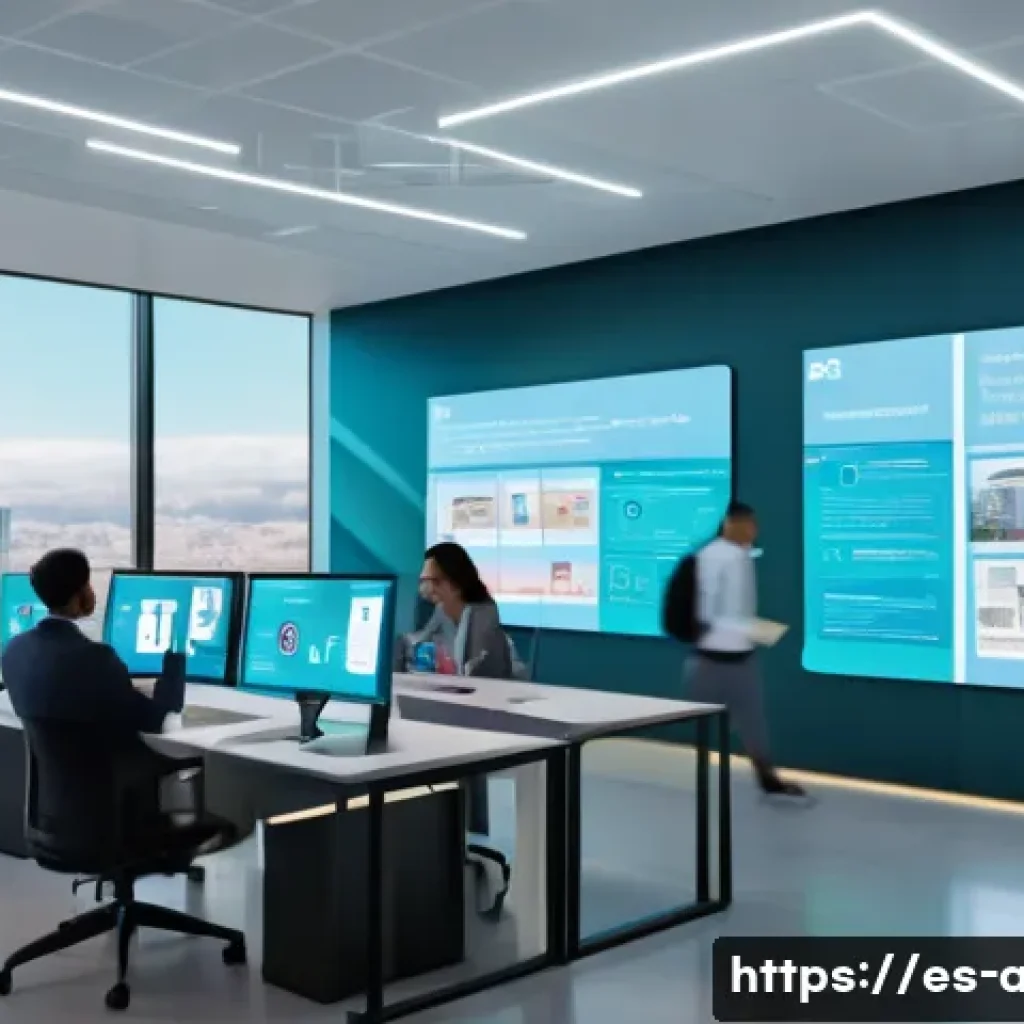 AI 기술과 공공 정책의 관계 - A modern government office scene in a Latin American city, showcasing diverse public employees inter...