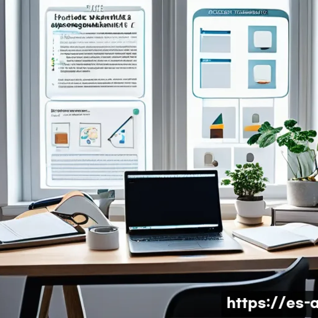 AI 전문가의 논문 작성 가이드 - A professional academic workspace featuring a well-organized desk with an open laptop displaying a s...