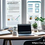 AI 전문가의 논문 작성 가이드 - A professional academic workspace featuring a well-organized desk with an open laptop displaying a s...