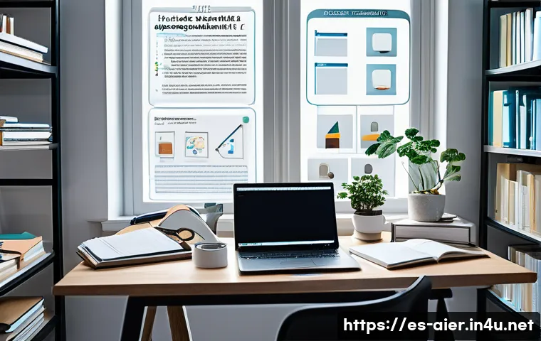 AI 전문가의 논문 작성 가이드 - A professional academic workspace featuring a well-organized desk with an open laptop displaying a s...