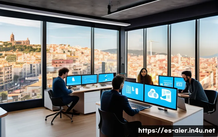 머신러닝 데이터 라벨링 실무 - A modern data annotation workspace in Spain, featuring a diverse team of professionals collaborating...