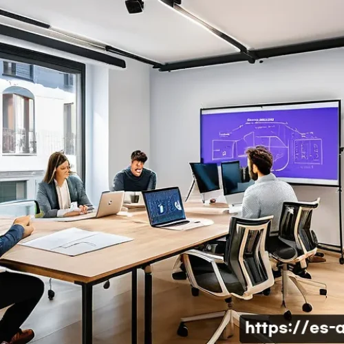 AI 분야 스타트업에서 일하기 - A modern, vibrant startup office in Madrid filled with a diverse team of professionals actively coll...