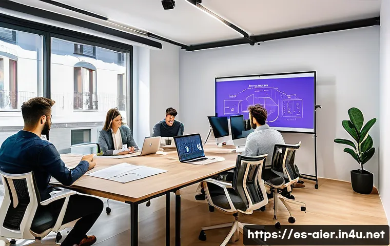 AI 분야 스타트업에서 일하기 - A modern, vibrant startup office in Madrid filled with a diverse team of professionals actively coll...