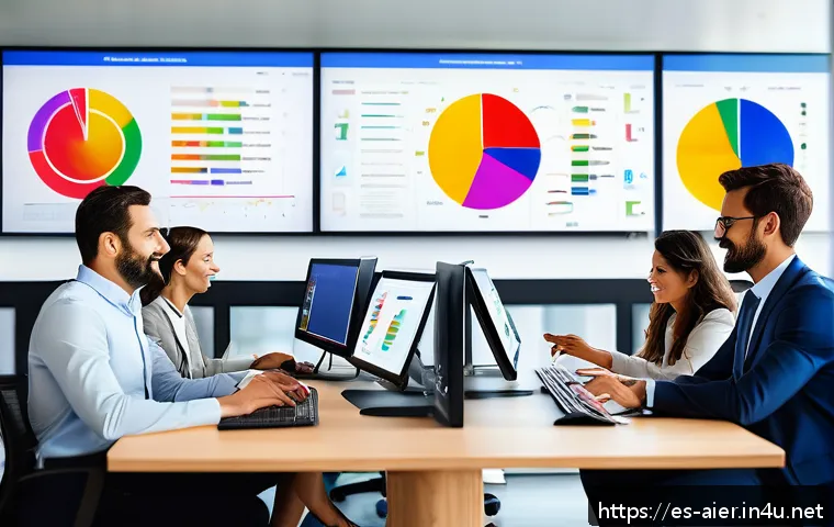 AI 관련 데이터셋 활용법 - A modern office scene showing a diverse team of Spanish-speaking data analysts collaborating around ...