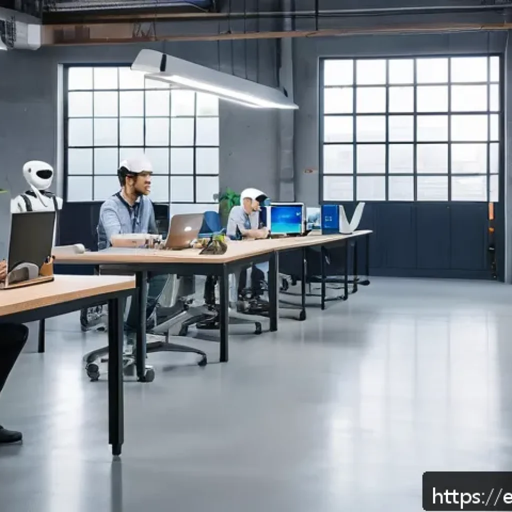 AI 기술 트렌드와 산업 전망 - A modern office setting in a Latin American city with diverse professionals collaborating alongside ...