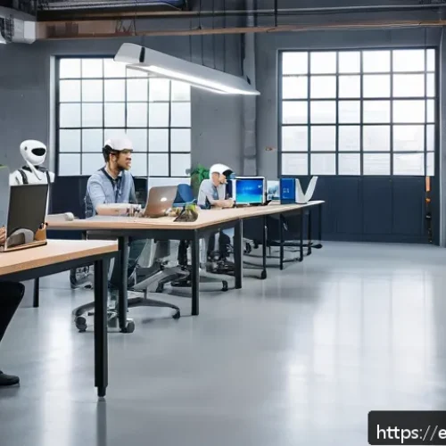 AI 기술 트렌드와 산업 전망 - A modern office setting in a Latin American city with diverse professionals collaborating alongside ...