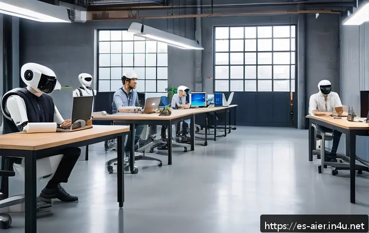 AI 기술 트렌드와 산업 전망 - A modern office setting in a Latin American city with diverse professionals collaborating alongside ...