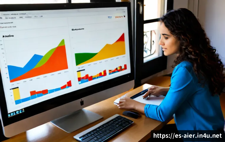 머신러닝과 데이터 시각화 기술 - Photorealistic modern analytics workspace in Madrid, Spanish data scientist reviewing a large monito...